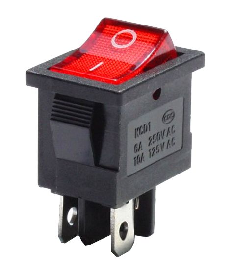 Tuimel Schakelaar 2-standen 4-pins I/O rood verlicht 6A 250VAC KCD1-104